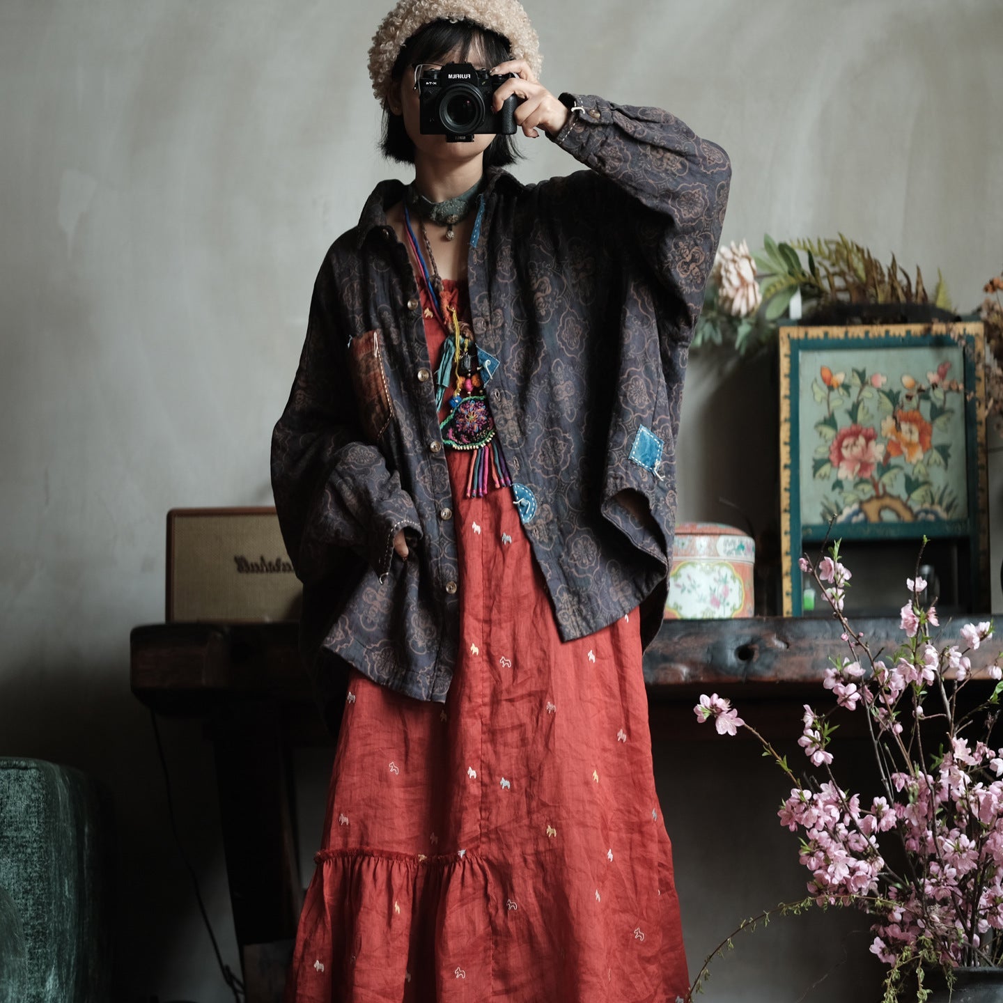 Vintage Floral Cotton Oversized Shirt – görsel 8
