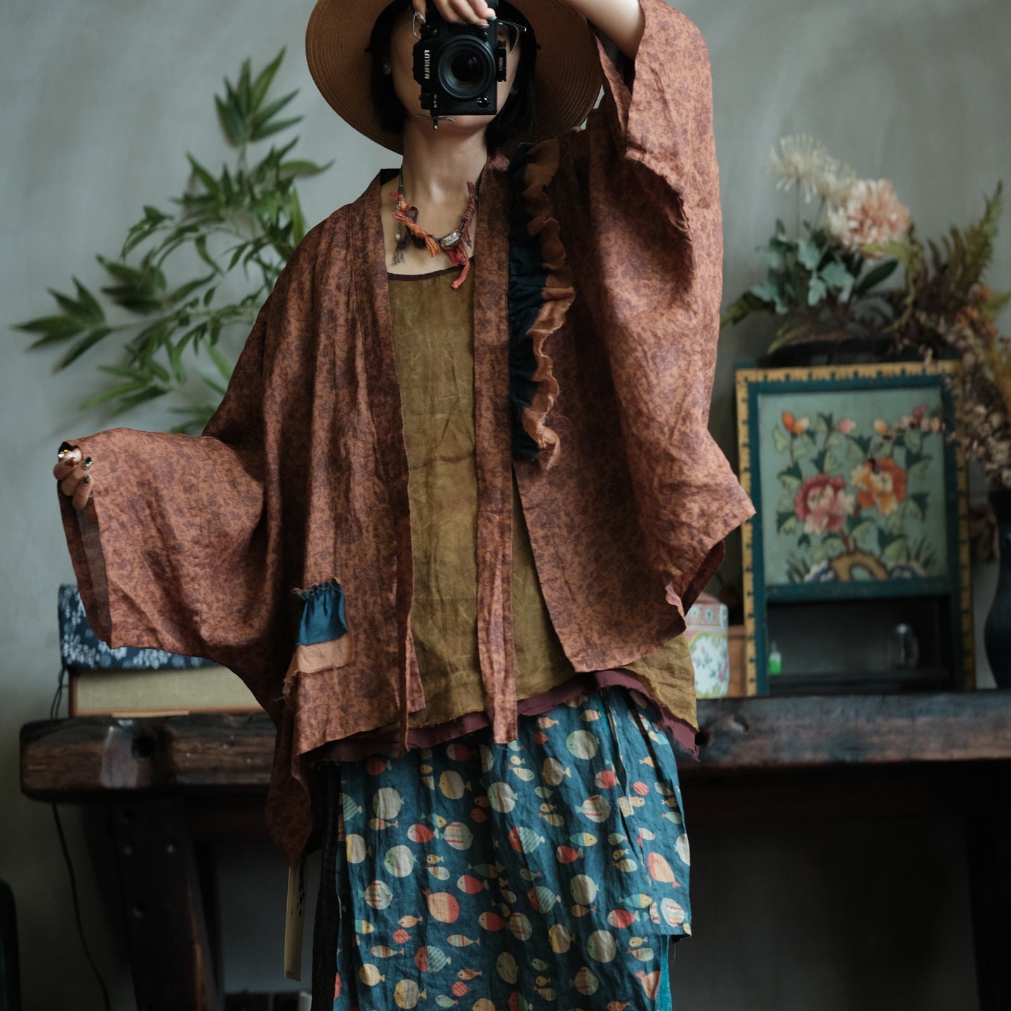Vintage Fish Print Ramie Wide Leg Pants – görsel 10