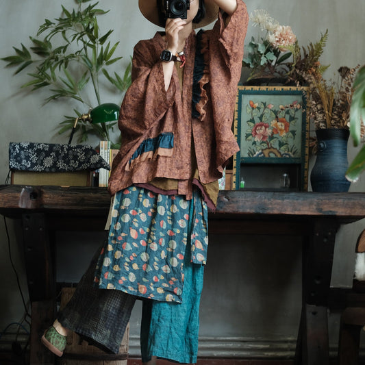Vintage Fish Print Ramie Wide Leg Pants – görsel 1