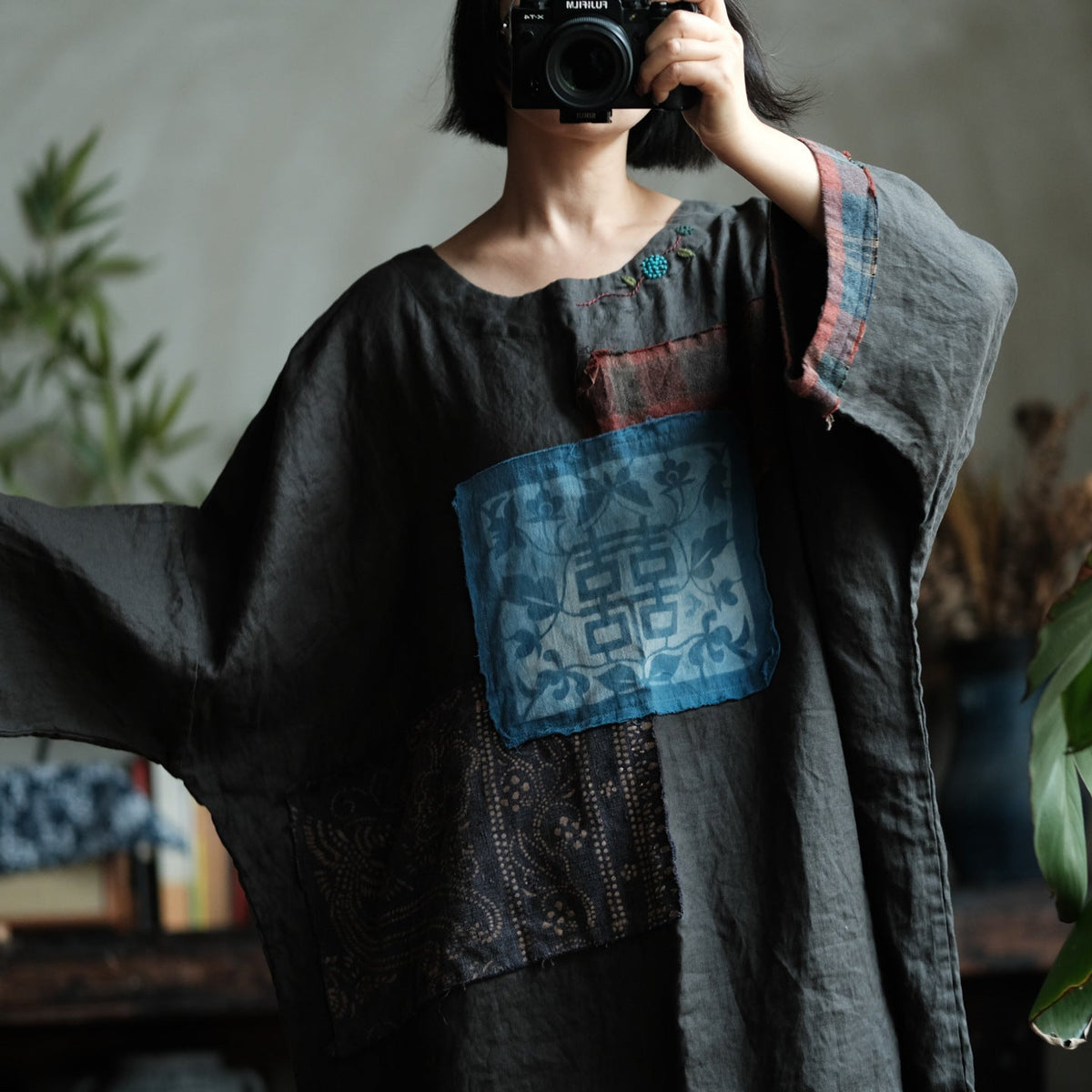 Indigo Relic Patchwork Keten Elbise