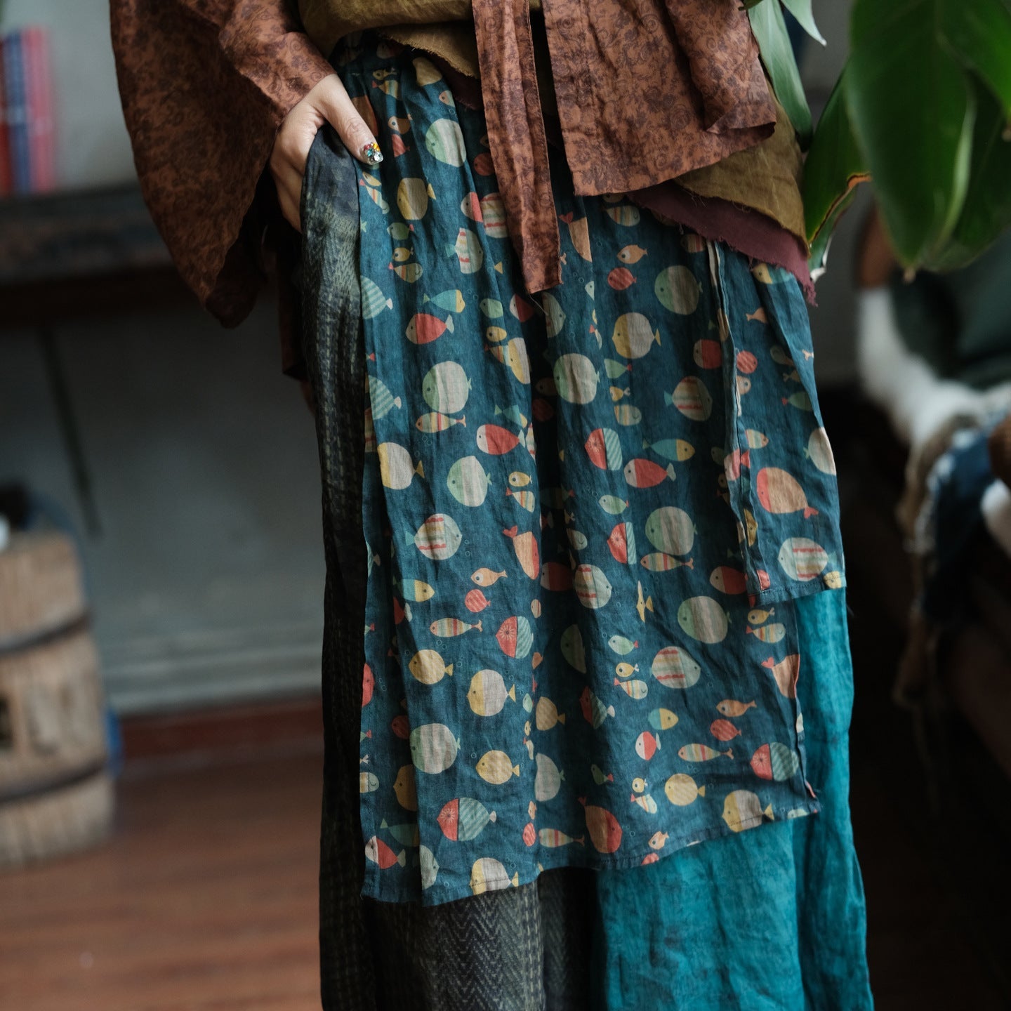 Vintage Fish Print Ramie Wide Leg Pants – görsel 2