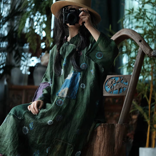 Willow Vintage Yeşil Noktalı Rami Elbise 1