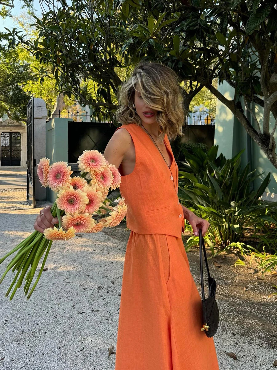 Linen Sunset Yelek Etek Takım