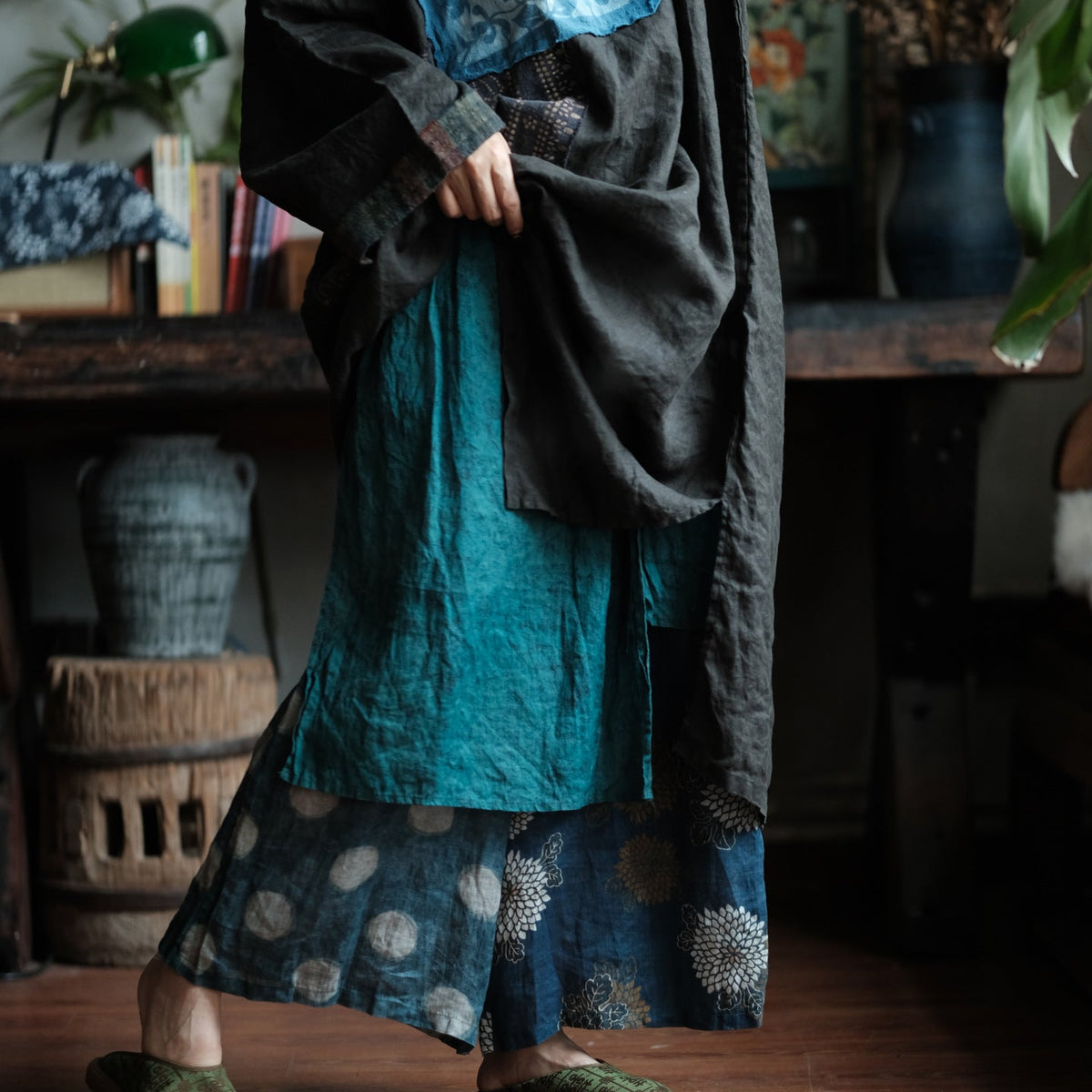 Indigo Relic Patchwork Keten Elbise