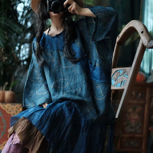 Vintage Ink Garden Keten Elbise