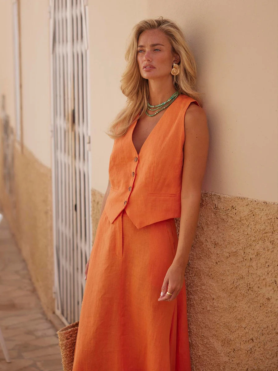 Linen Sunset Yelek Etek Takım