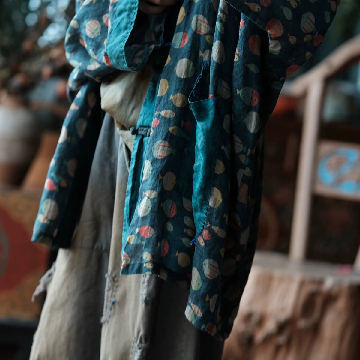 Indigo Balık Baskılı Rami Kimono - 9