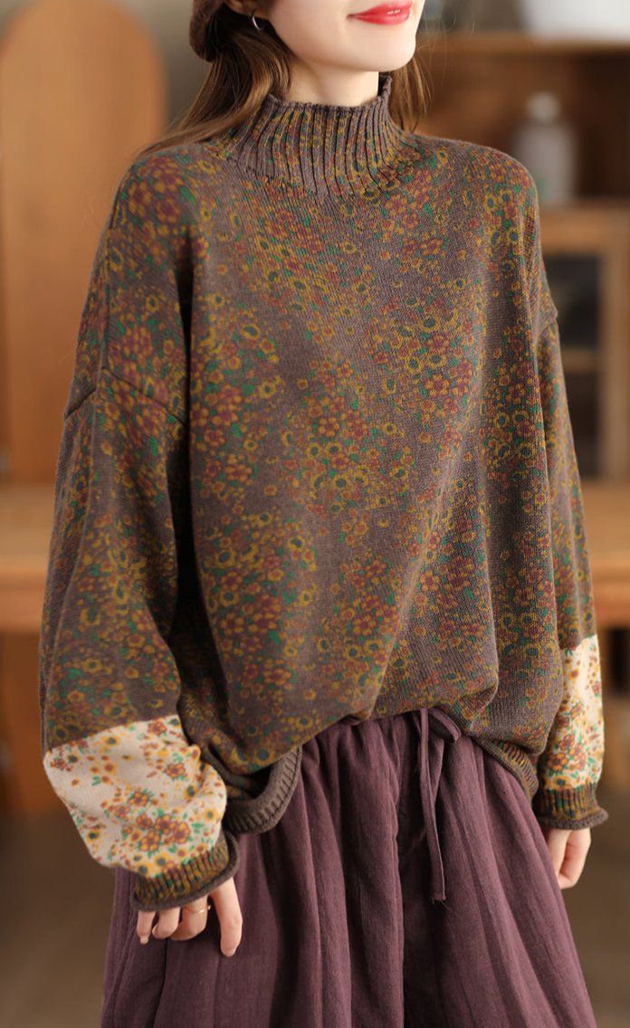 Vintage Çiçek Desenli Balıkçı Yaka Triko