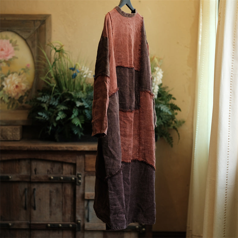 Vintage Patchwork Keten Tunik Elbise