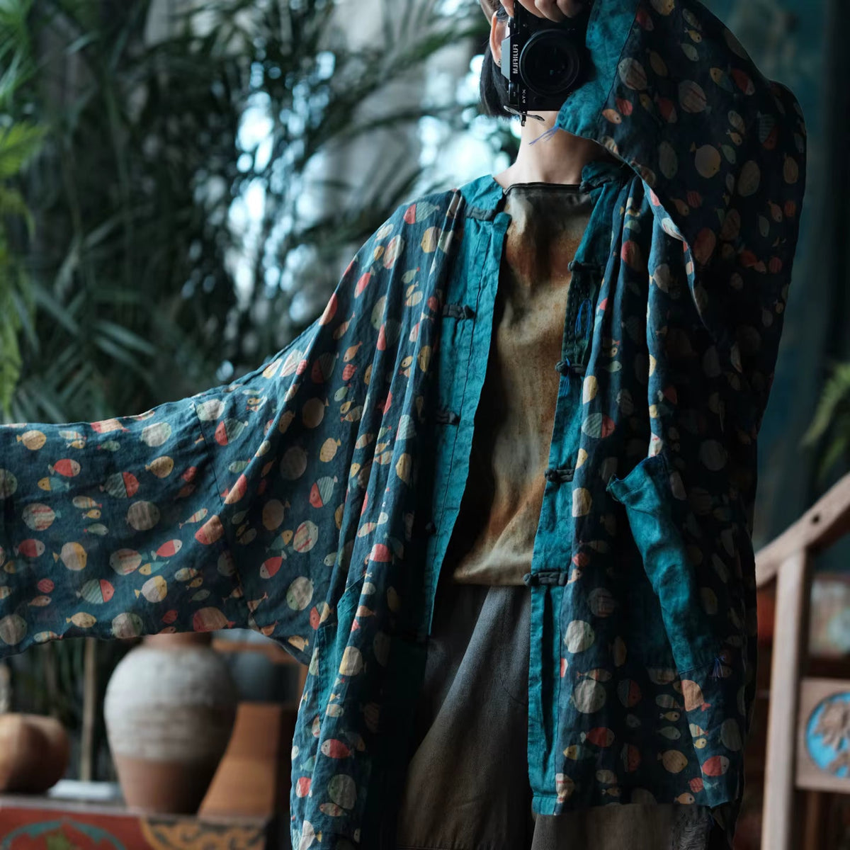 Indigo Balık Baskılı Rami Kimono - 10