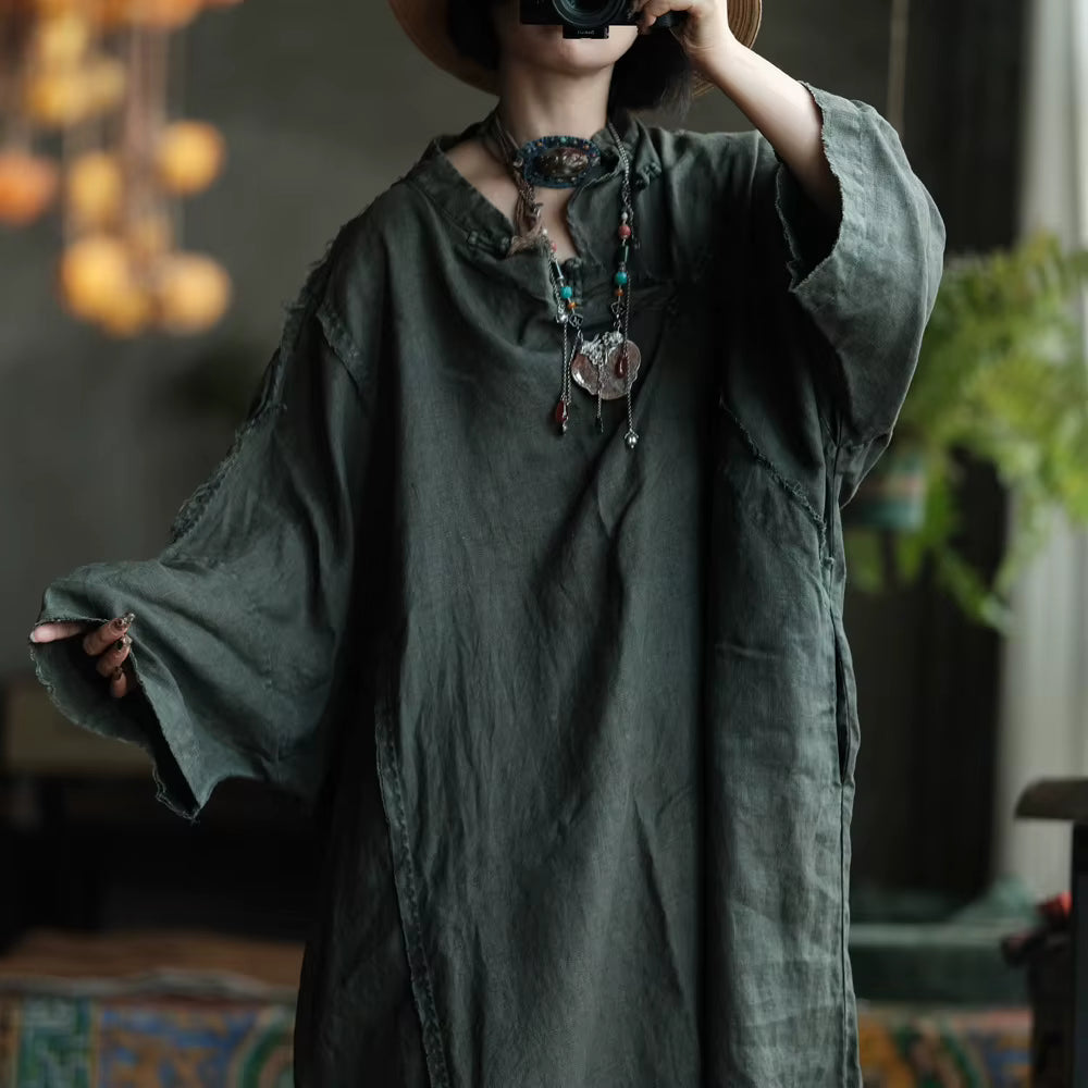 Shadow Moss Oversize Keten Elbise - 8