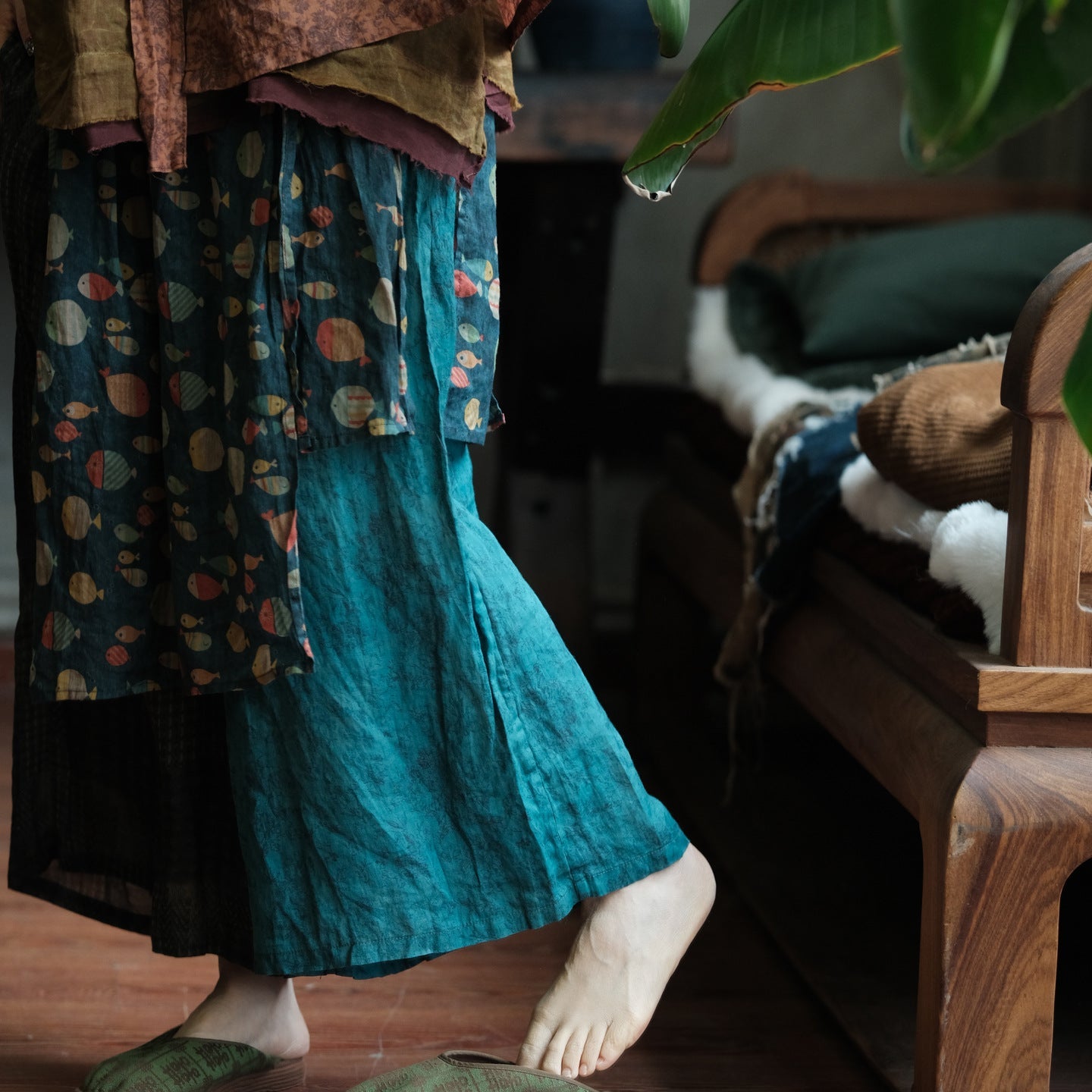 Vintage Fish Print Ramie Wide Leg Pants – görsel 12