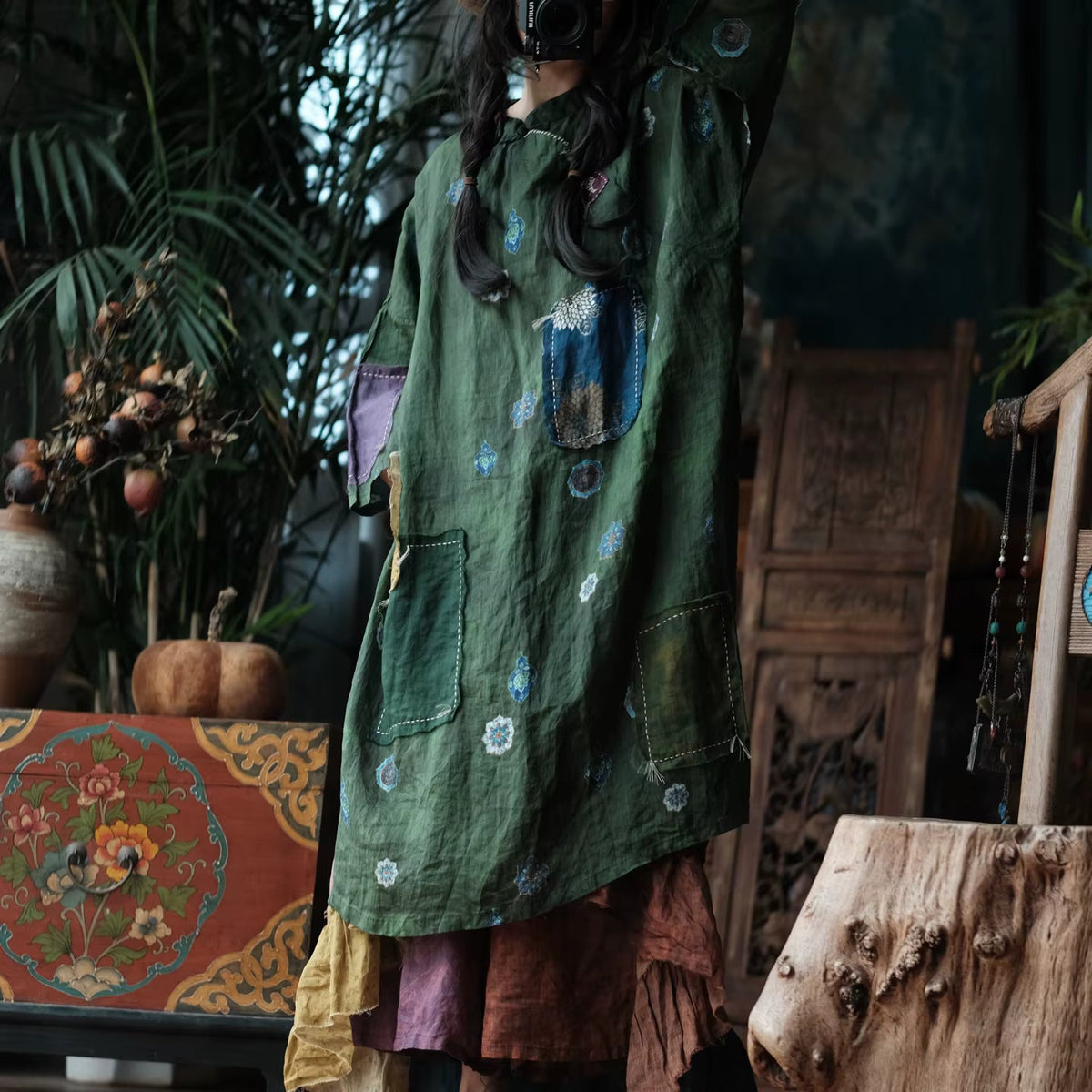 Willow Vintage Yeşil Noktalı Rami Elbise 2