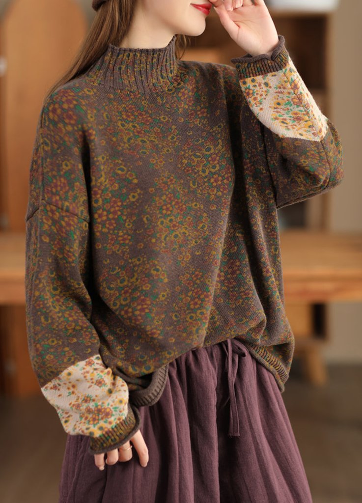 Vintage Çiçek Desenli Balıkçı Yaka Triko