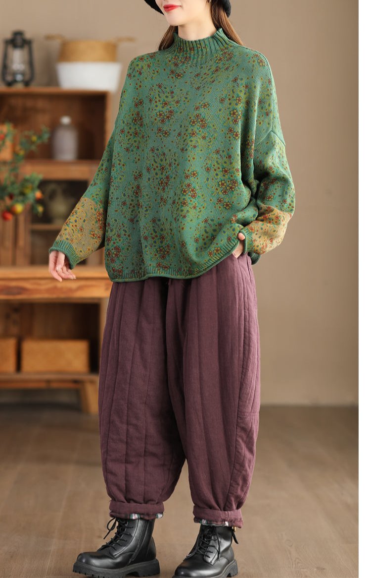 Vintage Çiçek Desenli Balıkçı Yaka Triko