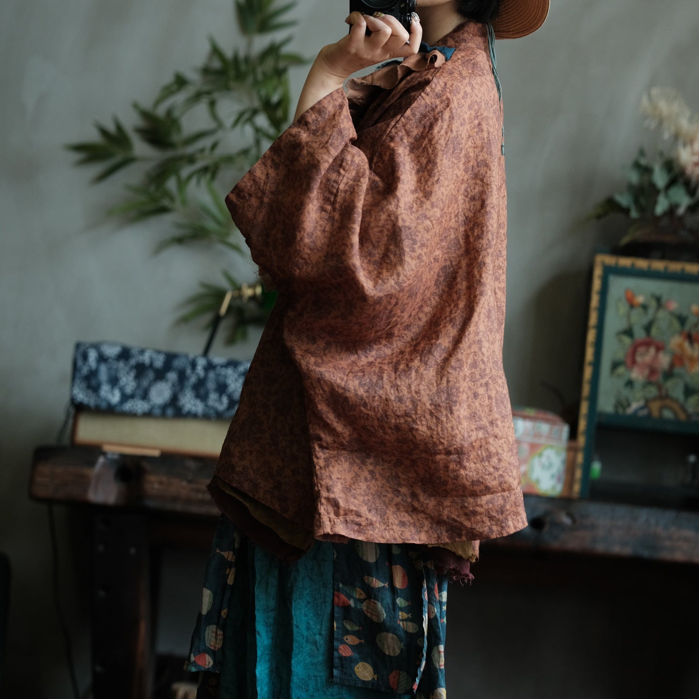 Vintage Fish Print Ramie Wide Leg Pants – görsel 11