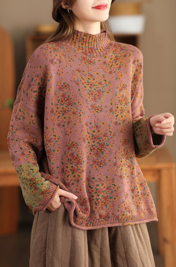 Vintage Çiçek Desenli Balıkçı Yaka Triko