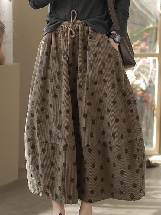 Vintage Puantiyeli Kadife Maxi Etek