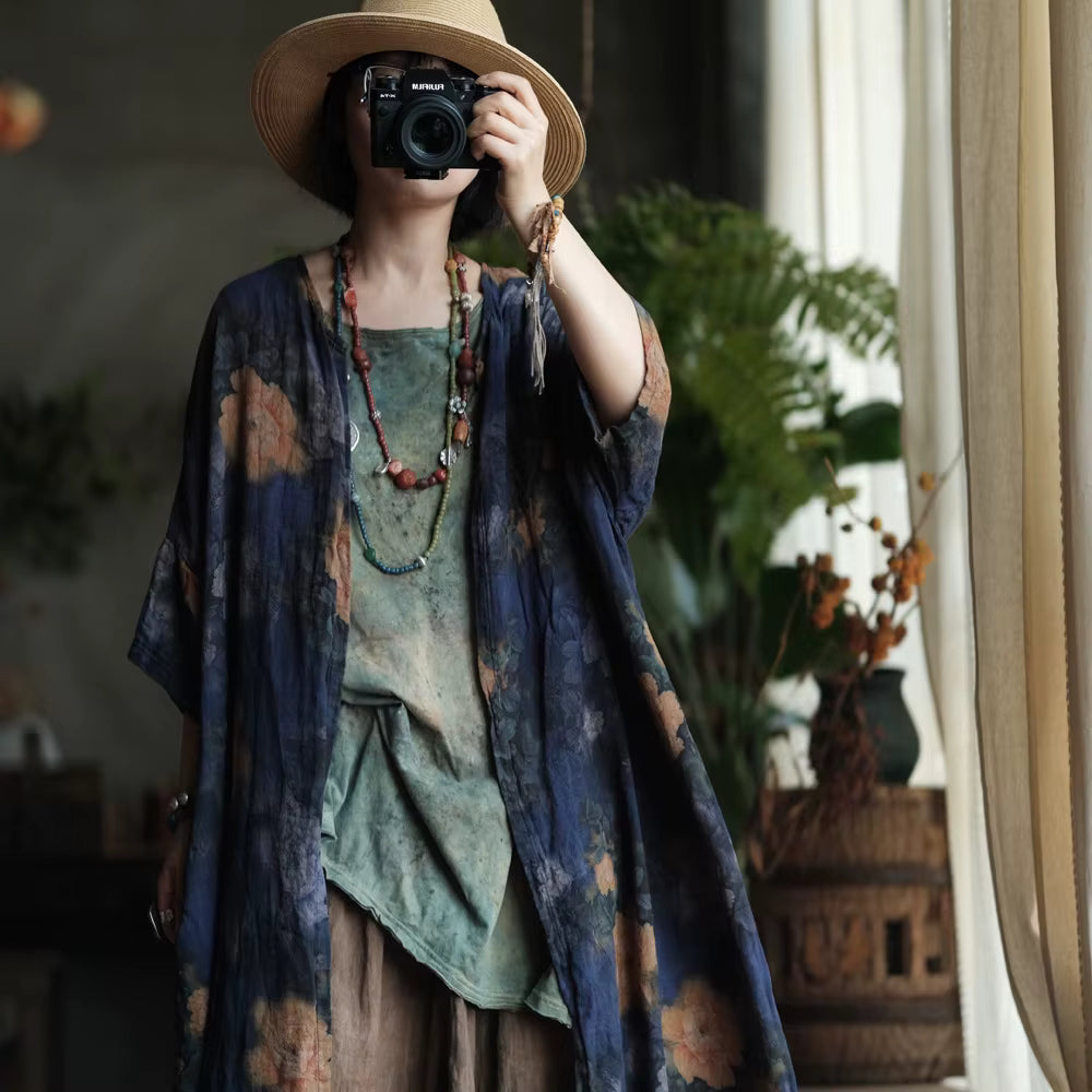 Vintage Blue Garden Pamuk Uzun Gömlek