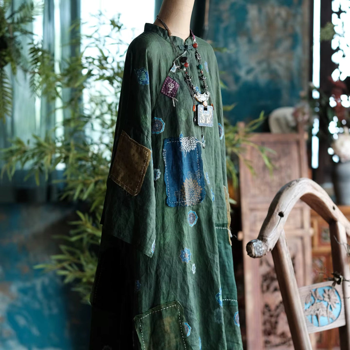 Willow Vintage Yeşil Noktalı Rami Elbise 4