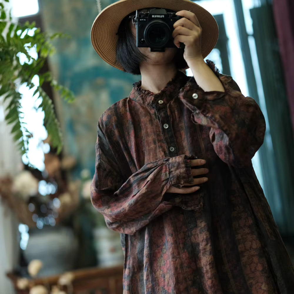 Ember Vintage Çiçekli Keten Elbise