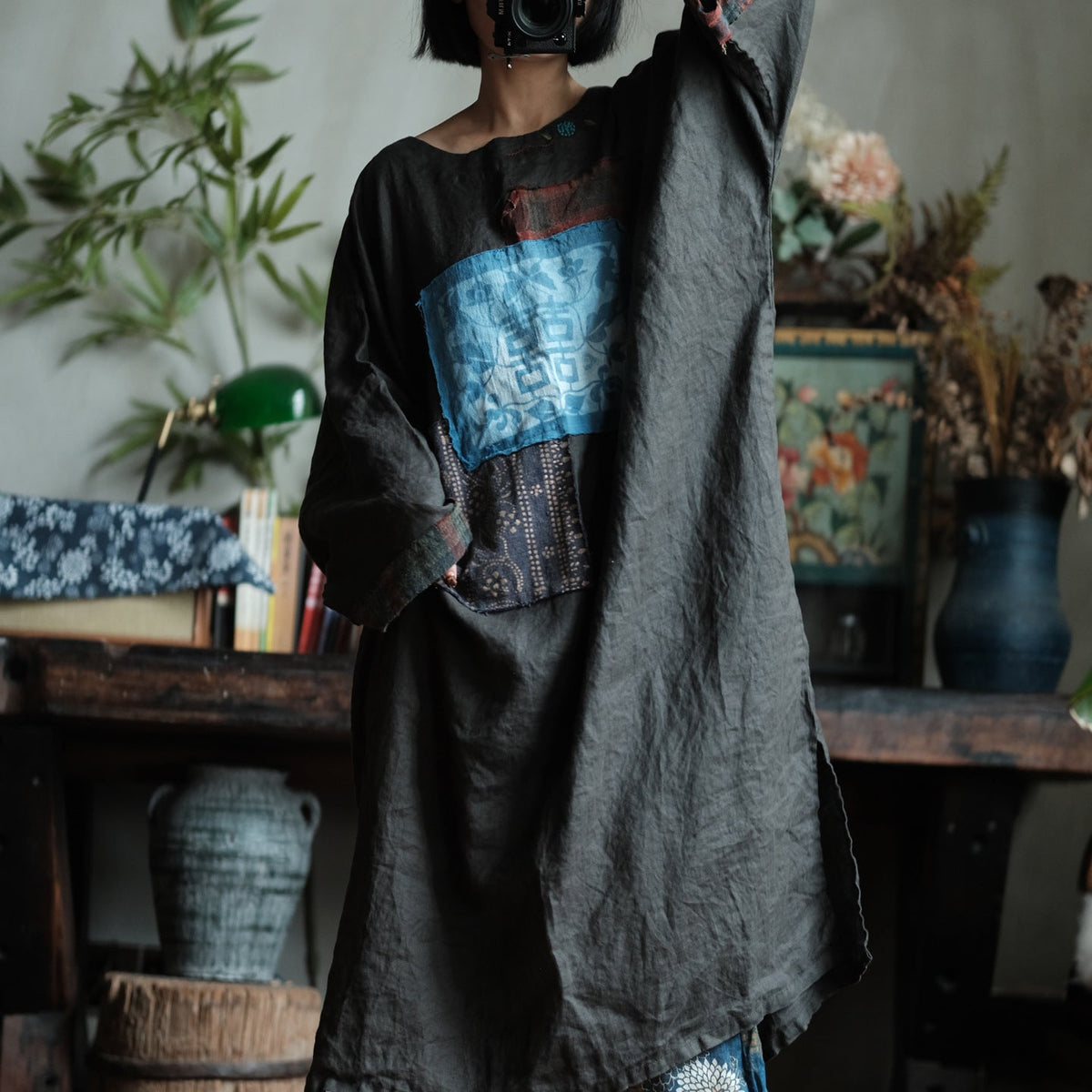 Indigo Relic Patchwork Keten Elbise
