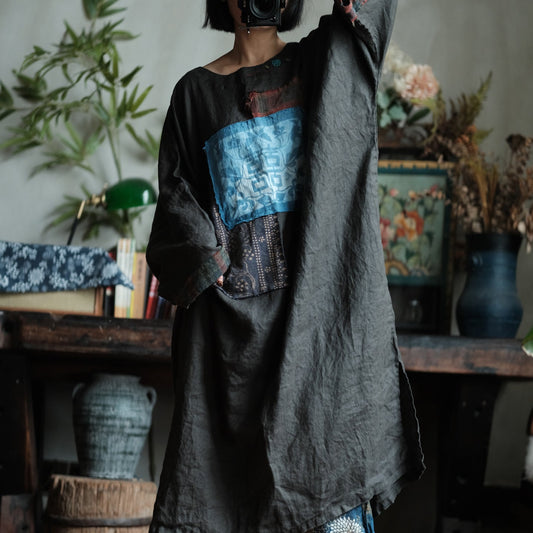 Indigo Relic Patchwork Keten Elbise
