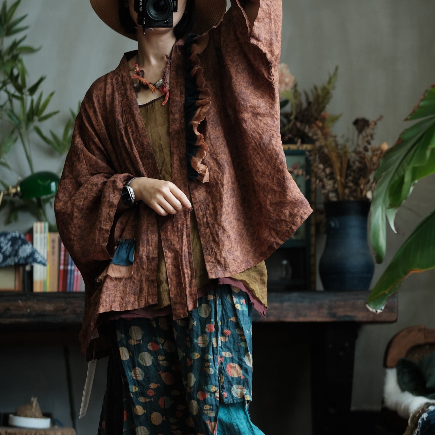 Vintage Fish Print Ramie Wide Leg Pants – görsel 8