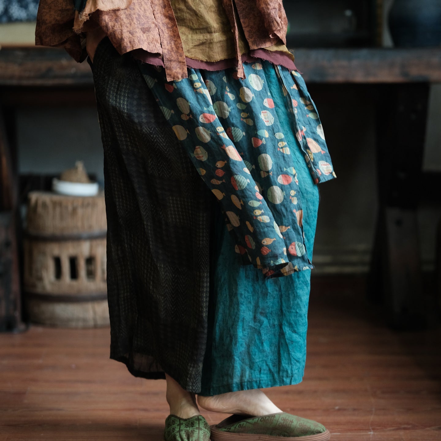 Vintage Fish Print Ramie Wide Leg Pants – görsel 5