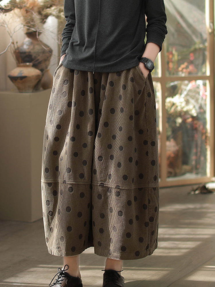 Vintage Puantiyeli Kadife Maxi Etek