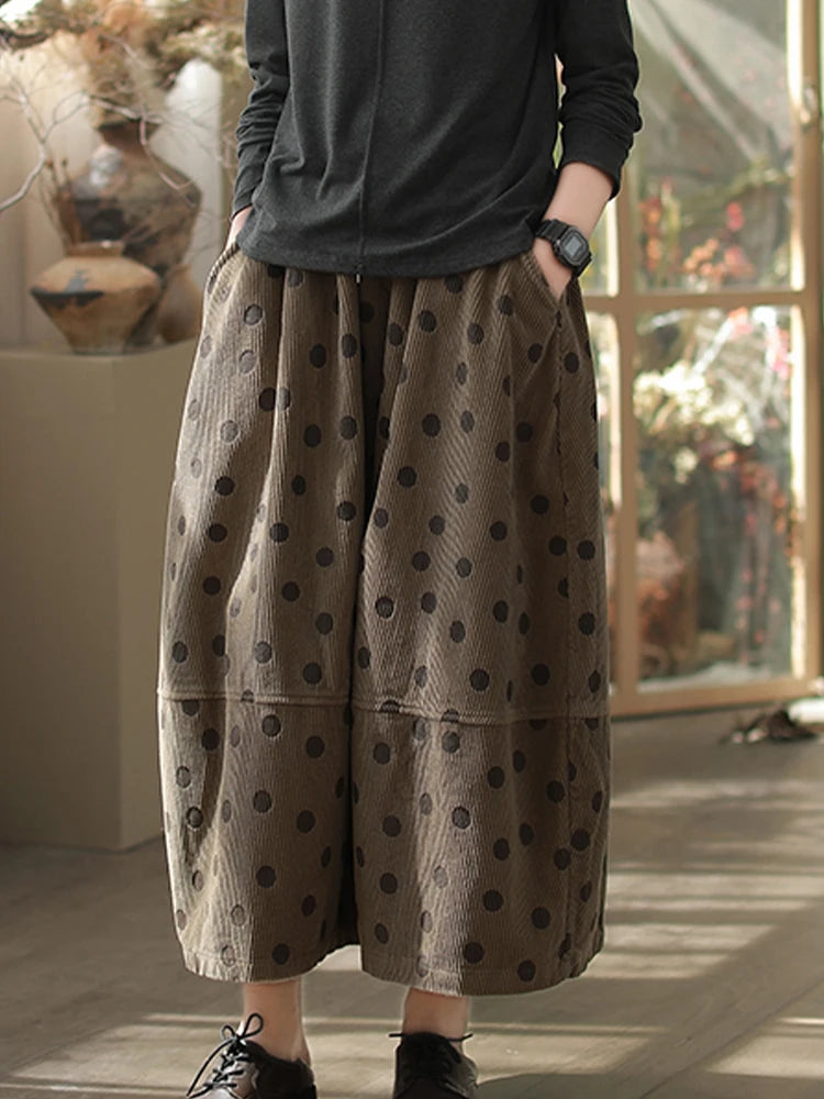 Vintage Puantiyeli Kadife Maxi Etek