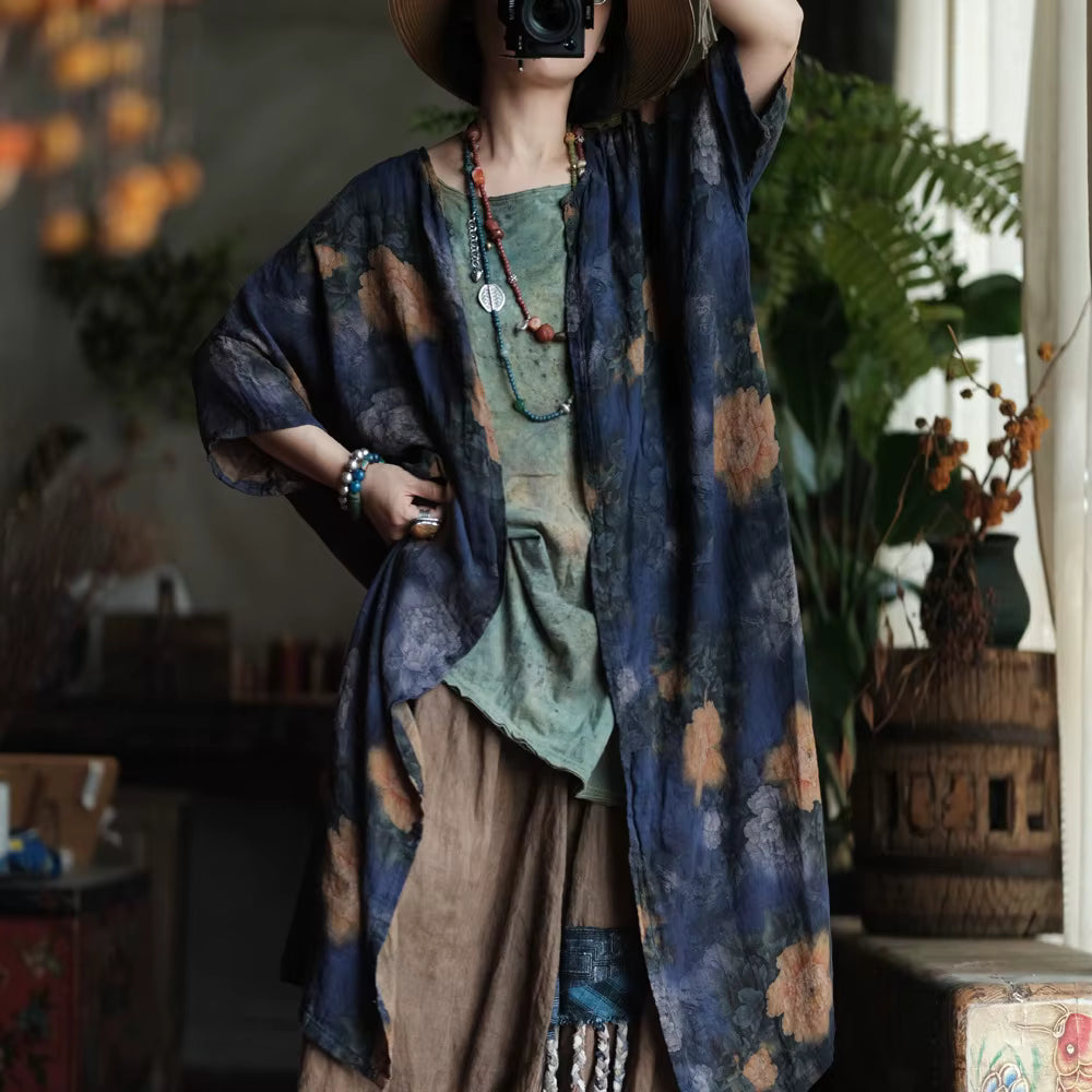 Vintage Blue Garden Pamuk Uzun Gömlek