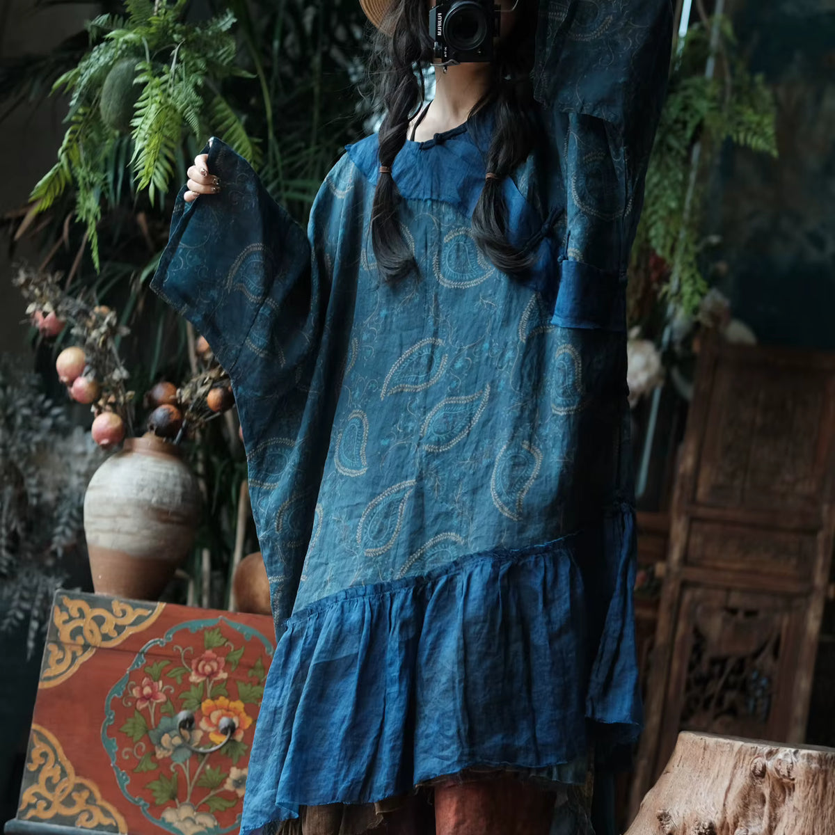 Vintage Ink Garden Keten Elbise