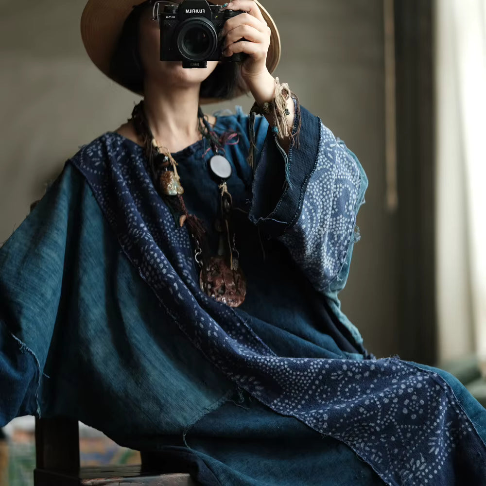 Vintage Blue Garden Patchwork Pamuk Elbise 2