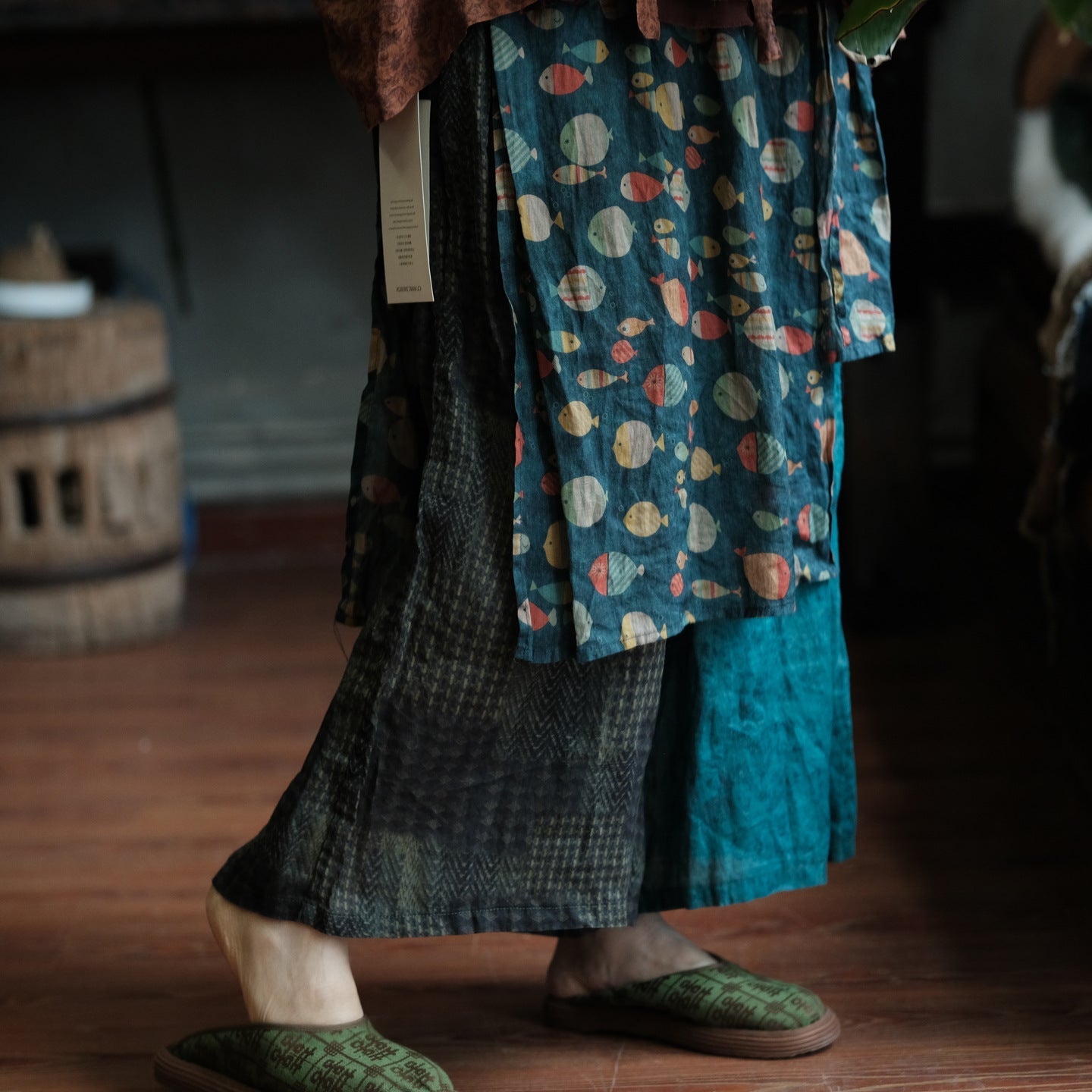 Vintage Fish Print Ramie Wide Leg Pants – görsel 3