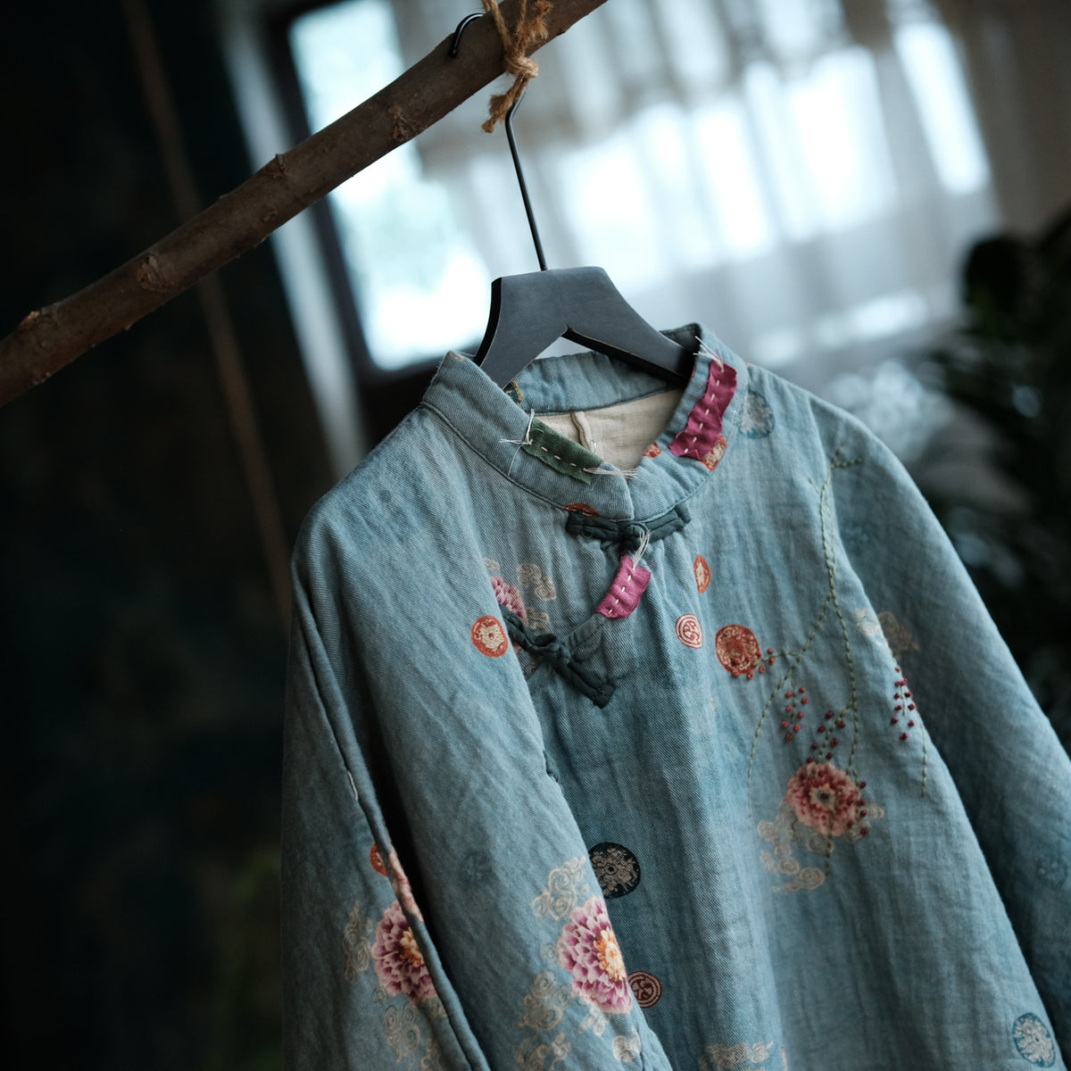 Blue Peony Çiçek İşlemeli Pamuk Bluz