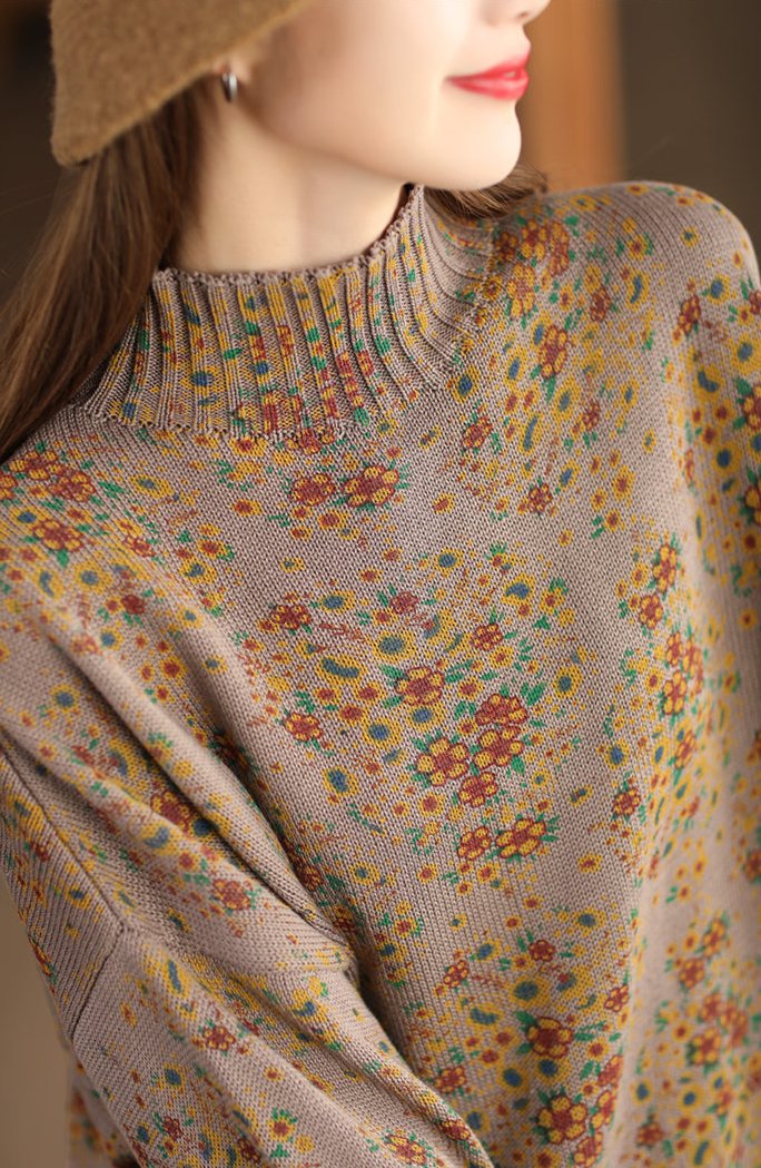 Vintage Çiçek Desenli Balıkçı Yaka Triko