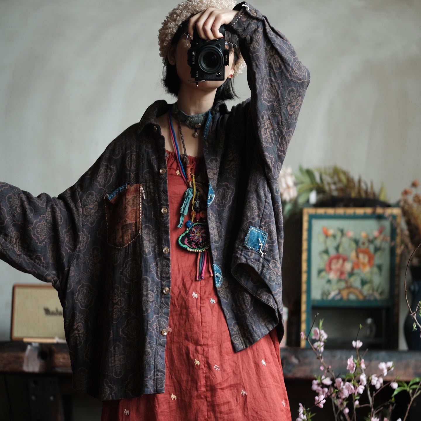 Vintage Floral Cotton Oversized Shirt – görsel 5