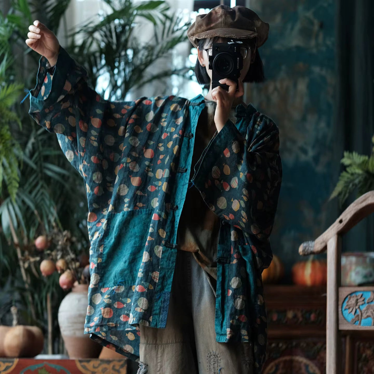 Indigo Balık Baskılı Rami Kimono - 7