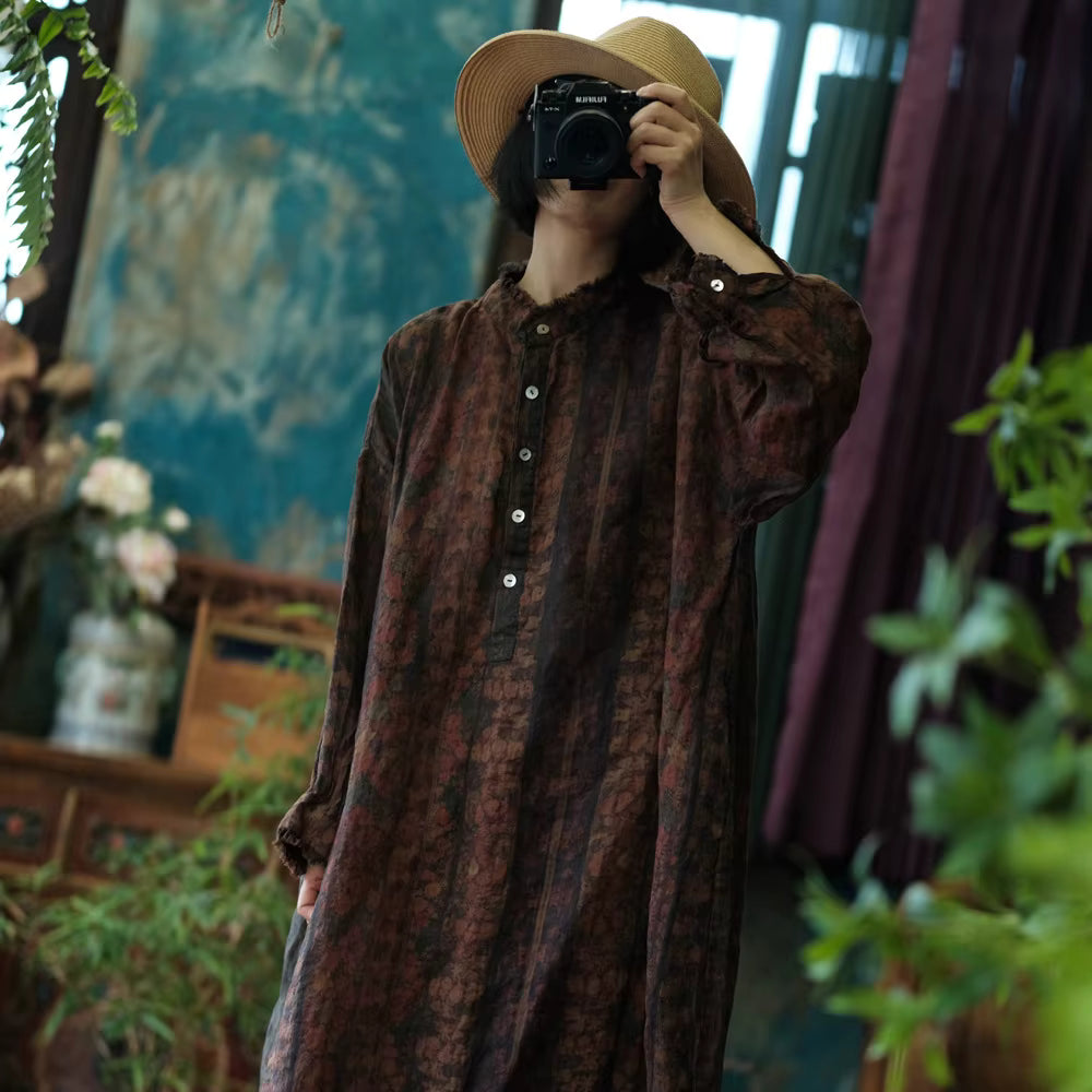 Ember Vintage Çiçekli Keten Elbise