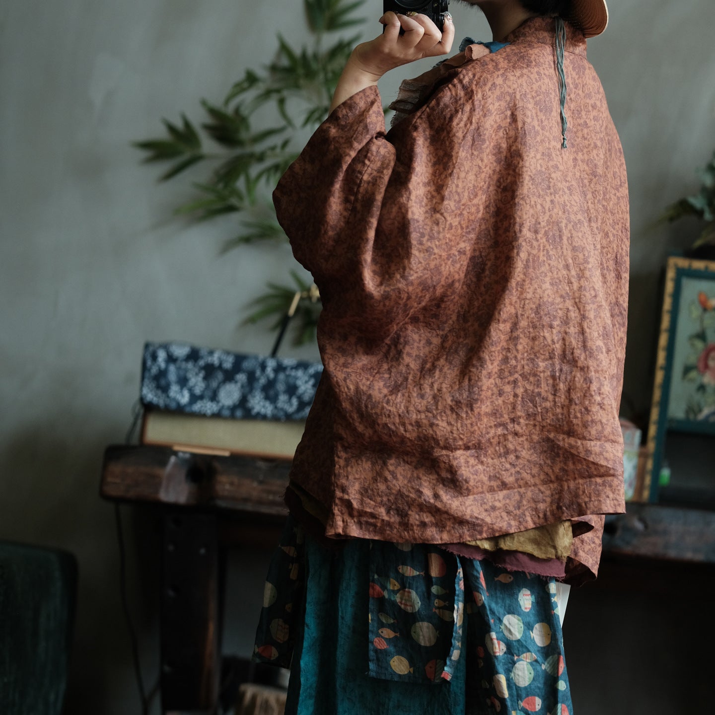 Vintage Fish Print Ramie Wide Leg Pants – görsel 9