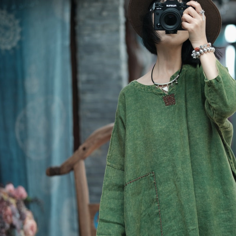 Moss Haven Eskitme Yıkamalı Keten Elbise