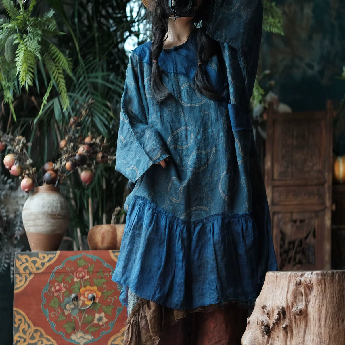 Vintage Ink Garden Keten Elbise