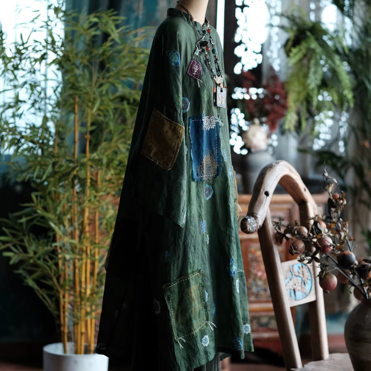 Willow Vintage Yeşil Noktalı Rami Elbise 3