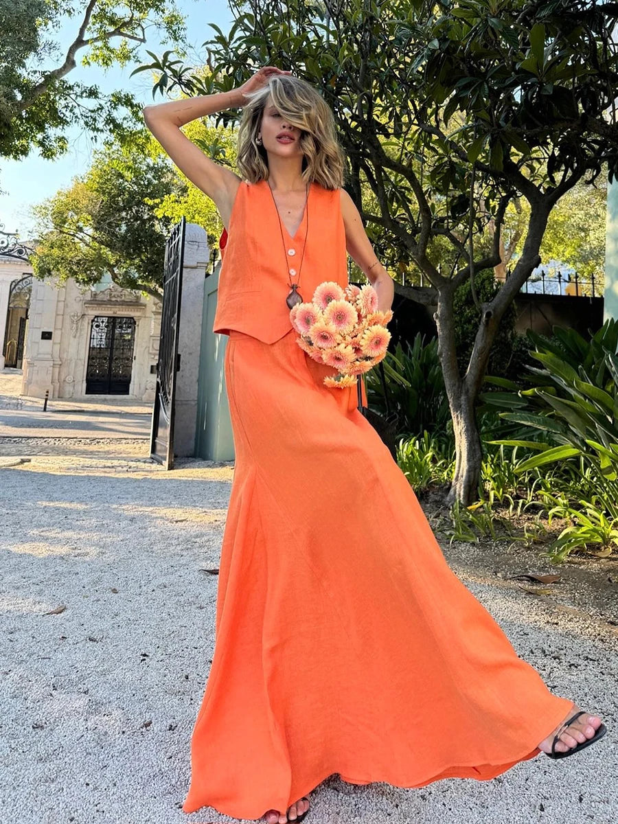 Linen Sunset Yelek Etek Takım