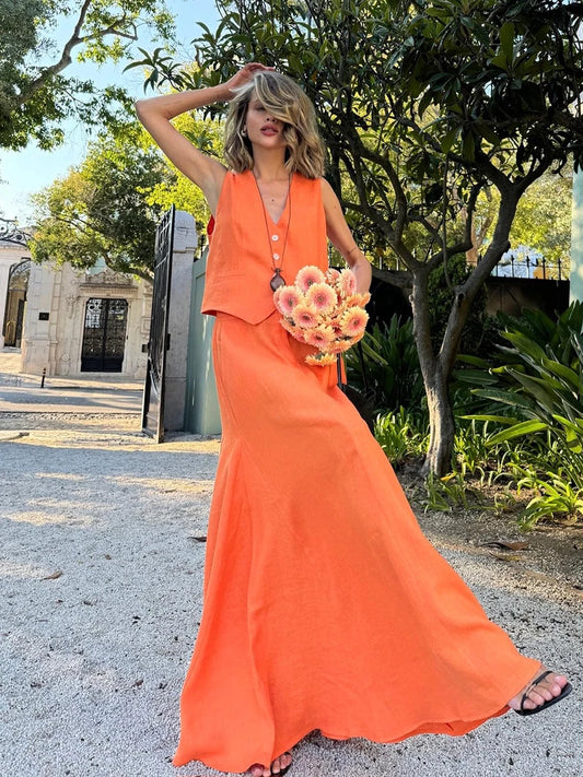 Linen Sunset Yelek Etek Takım