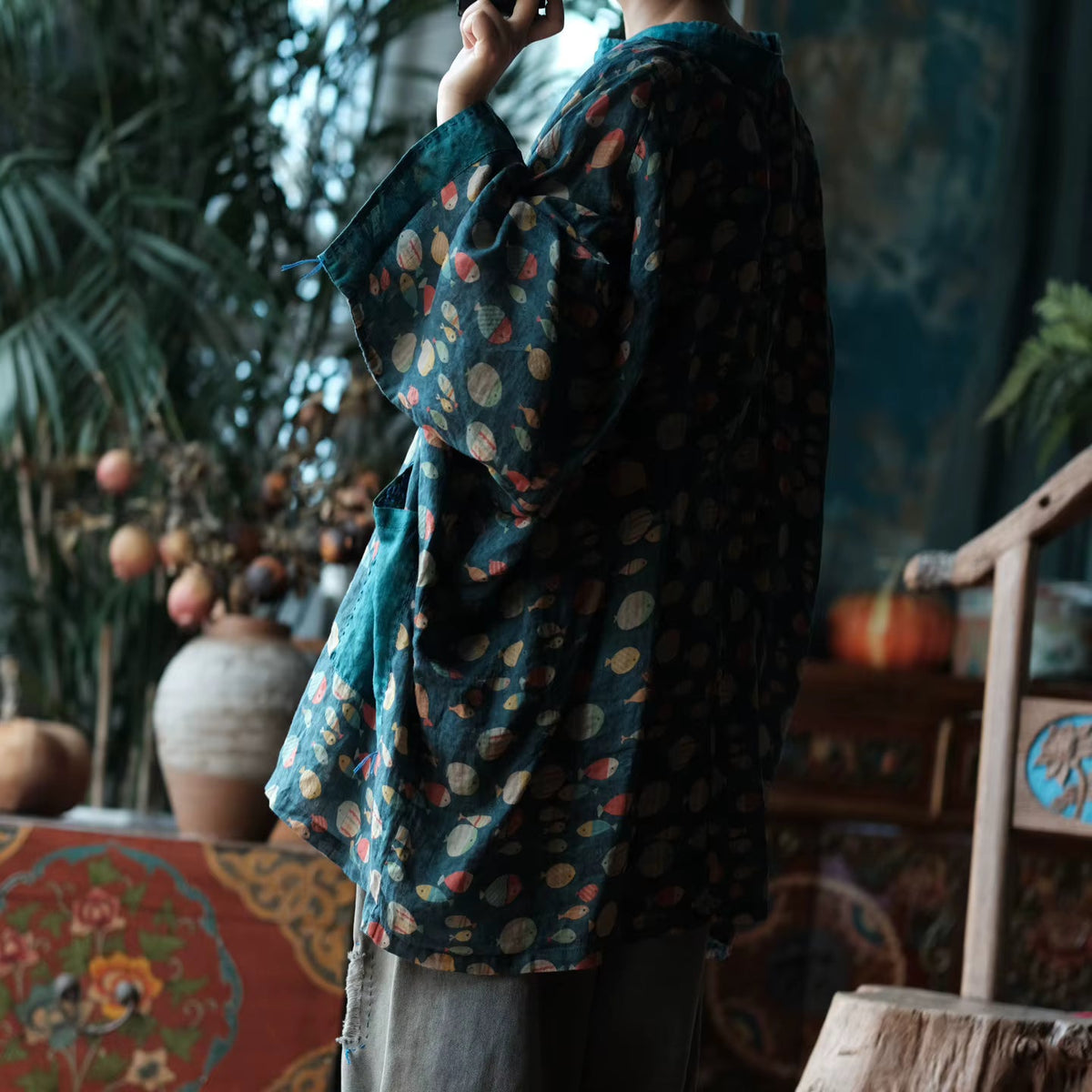 Indigo Balık Baskılı Rami Kimono - 5