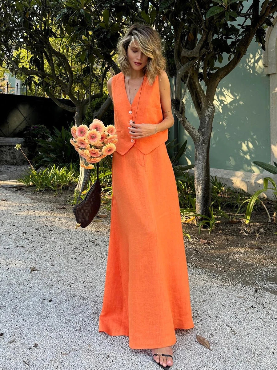 Linen Sunset Yelek Etek Takım