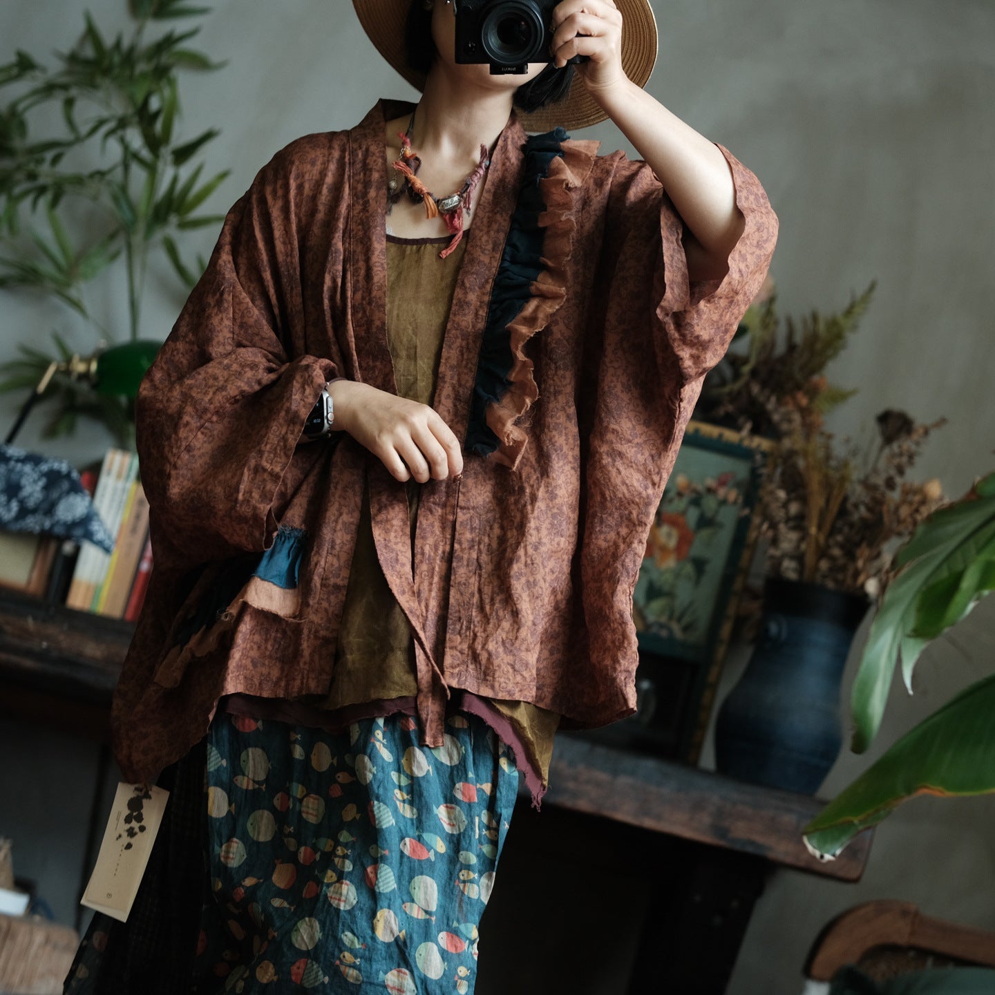 Vintage Fish Print Ramie Wide Leg Pants – görsel 7