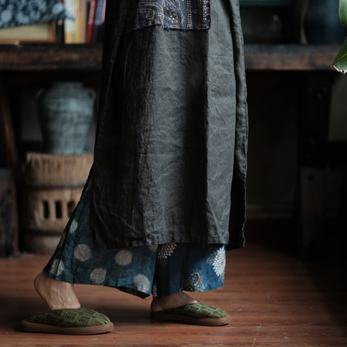 Indigo Relic Patchwork Keten Elbise